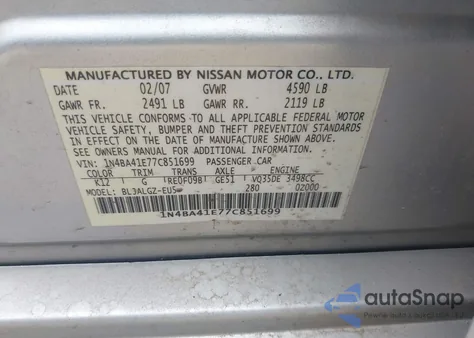 2007 Nissan Maxima 3.5 Sl from USA, damaged, VIN 1N4BA41E77C851699